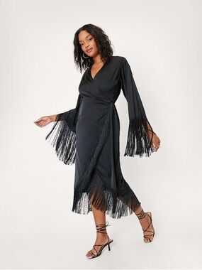 Nasty Gal Black Fringe Wrap Midi Dress with Bell Sleeves NWT